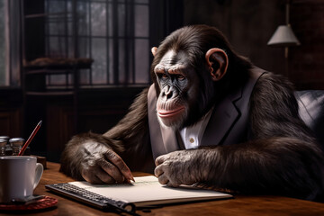 A monkey dressed like a businessman and sitting at the table - obrazy, fototapety, plakaty