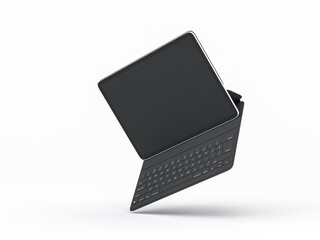 Digital Tablet PC Mockup with black keyboard case isolated flying on white background, 3d rendering