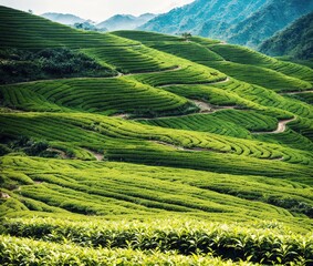 A green tea field with rows of tea plants growing in neat lines.