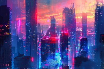 Futuristic Neon-Lit Cyberpunk Cityscape with Towering Skyscrapers, Digital Painting