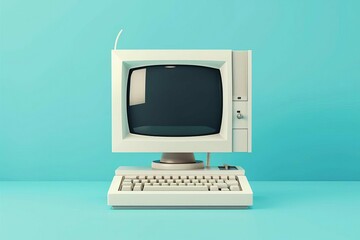 Vintage Computer on Bright Blue Background, Retro Technology Concept, 3D Illustration - obrazy, fototapety, plakaty
