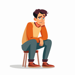 A man is sitting on a chair with his head down. He looks sad and is frowning