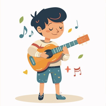 A young boy is playing a guitar with a smile on his face. Concept of joy and happiness, as the boy is enjoying himself while playing the instrument. The guitar is positioned in the center of the image