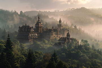 A traditional boarding school with a sprawling, castle-like structure nestled in rolling, mist-covered hills.