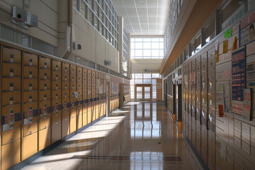 A typical school hallway with rows of closed lockers, bulletin boards filled with announcements, and sunlight filtering through high windows.