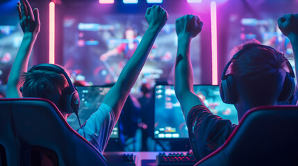 Two esports players raising their hands in victory, sitting on gaming chairs with computers and...