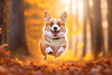 Active healthy Corgi dog running with open mouth sticking out tongue in the forest on autumn - obrazy, fototapety, plakaty