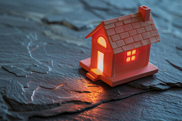 A warm coral miniature house, glowing with welcoming vibes, positioned on a smooth slate grey surface.