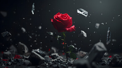 A single red rose standing out against black background