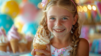 A young girl is holding a cone of ice cream and smiling