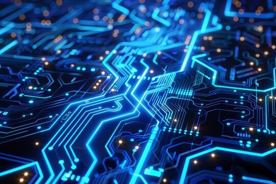 Futuristic abstract computer circuit board wallpaper background, blue neon lights, technology concept illustration
