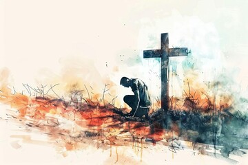 Man kneeling before the cross in prayer, religious faith and devotion concept, digital watercolor painting - obrazy, fototapety, plakaty