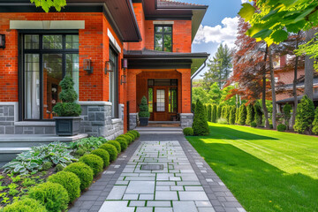 Charming Red Brick Luxury House with Vibrant Green Grass and Paved Pathway to a Sophisticated Entrance Porch - obrazy, fototapety, plakaty