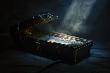 Eerie scene with an open coffin revealing a skull inside, surrounded by mysterious fog. Coffin with Fog and Skull Inside