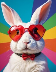 A whimsical image of a rabbit with heart-shaped glasses, set against a colorful backdrop, showcasing a fun and fashionable vibe.
