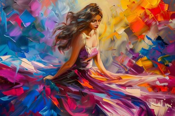 Abstract portrait of a beautiful woman in a flowing dress, multicolored brushstrokes background, modern oil painting - obrazy, fototapety, plakaty