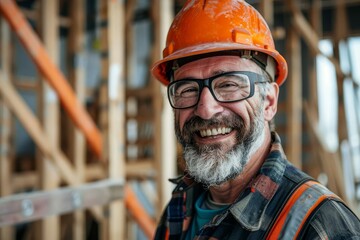 Smiling construction worker in hard hat at building site, positive attitude and job satisfaction, portrait photography - obrazy, fototapety, plakaty