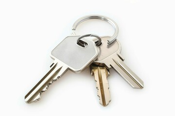 House keys with house-shaped keychain isolated on white background, real estate and property ownership concept, studio photography