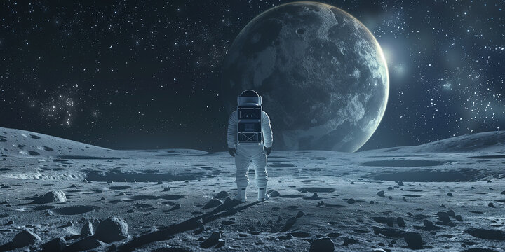 Astronaut space man standing on moon looking at global earth in space with starry sky, earth planet, and backpack and helmet.