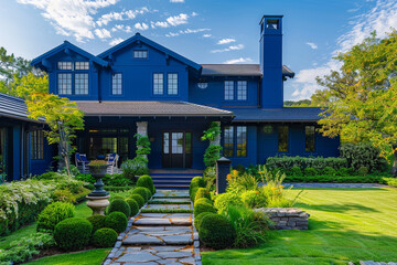 Vibrant Indigo Luxury House with a Well-Groomed Front Yard and an Intricate Stone Path to a Distinguished Porch