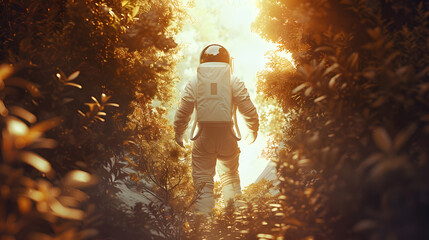 An astronaut in a white jumpsuit stands on the edge of an open portal to another world. He is surrounded by trees and bushes