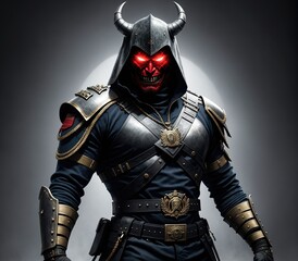 Fototapeta premium A person wearing a black hooded cloak with horns on their head, holding a sword in their right hand and a shield in
