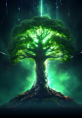 A glowing green tree of life with roots 