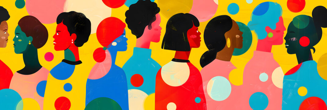 An illustration of diverse people in an abstract patterned background with large circles and polka dots in bright colors like reds