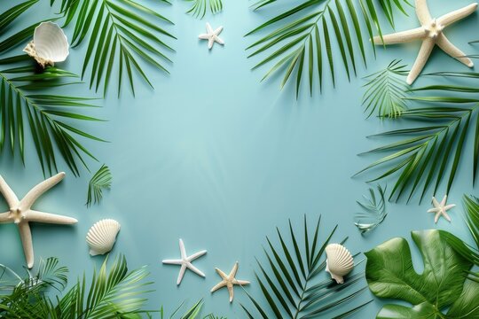 an empty design with palm leaf, and starfish on a blue background, in the style of light beige and silver, 3840x2160, stereotype photography, gemstone, animated gifs, antique subjects - generative ai