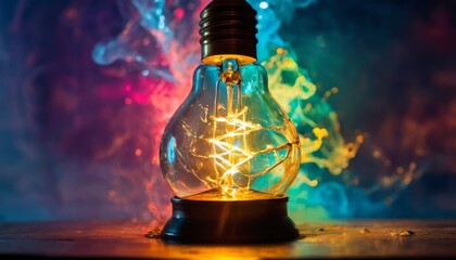 A creative display of an electric bulb with filament glowing, set against a multicolored, abstract energy background that exudes innovation and inspiration - obrazy, fototapety, plakaty