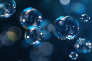 Realistic 3D water bubbles floating in space, transparent liquid spheres, digital render