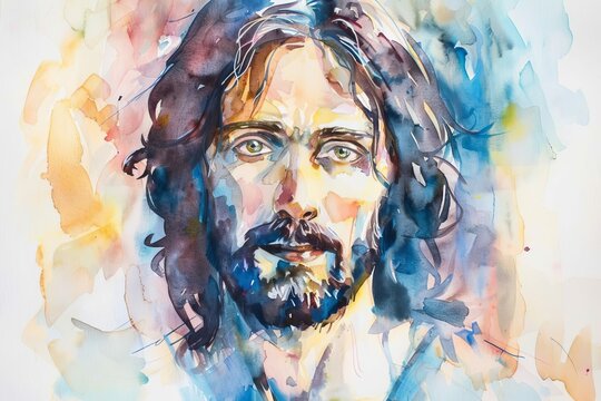 Serene watercolor portrait of Jesus Christ with peaceful expression and copy space, religious painting