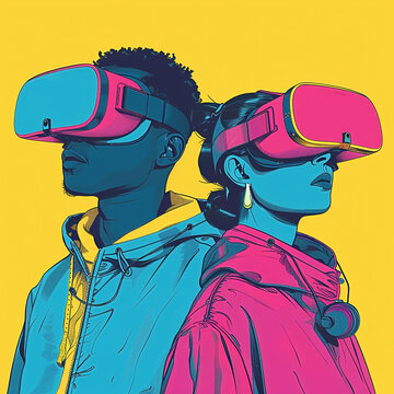 Colorful isotype illustration of a man and a woman wearing VR virtual reality gaming headsets in pink, blue and yellow.