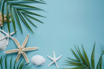 Fototapeta na wymiar an empty design with palm leaf, and starfish on a blue background, in the style of light beige and silver, 3840x2160, stereotype photography, gemstone, animated gifs, antique subjects - generative ai
