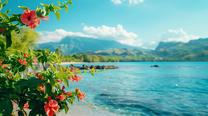 Fototapeta na wymiar Seascape with hibiscus blooming bush on tropical beach on ocean background, mountains in the background. Wallpaper. Copy space.