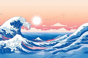 Japanese-style illustration of great wave in ocean, traditional ukiyo-e art wallpaper