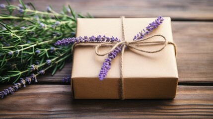 Rustic Gift Box with Lavender Bouquet on Wooden Table AI Generated