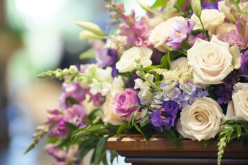 A vibrant and colorful floral arrangement atop a funeral casket, symbolizing life and remembrance. Vibrant Floral Arrangement on Funeral Casket