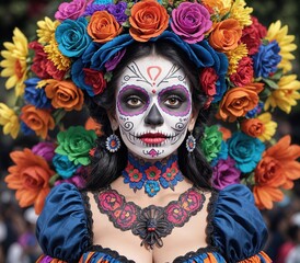 A woman wearing a colorful costume with a flower crown on her head.