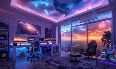 Beautiful interior photo of a PC gaming desk setup with luxury details and RGB-lighting.