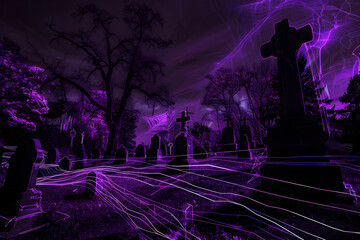 Creepy neon graveyard isotated on black background.