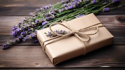  Brown Paper Gift Box with Lavender on Wooden Table AI Generated