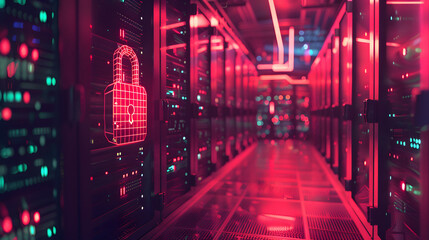 High-tech data center with a glowing digital padlock and rows of server racks - obrazy, fototapety, plakaty