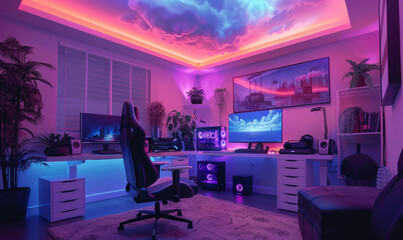 Beautiful interior photo of a PC gaming desk setup with luxury details and RGB-lighting.