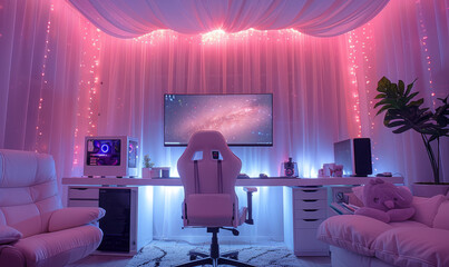 Beautiful interior photo of a PC gaming desk setup with luxury details and RGB-lighting.