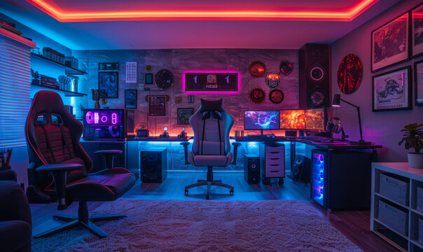 Beautiful interior photo of a PC gaming desk setup with luxury details and RGB-lighting.