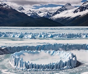 A large iceberg floating in the middle of a body of water, surrounded by mountains in the background.