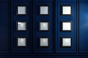A series of nine small mockup frames on a deep indigo wall, arranged in a grid pattern. 