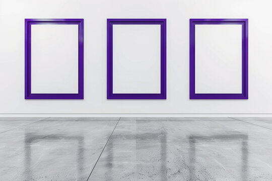 A minimalist white art gallery with empty blank mock-up posters framed in deep purple. The regal purple frames 