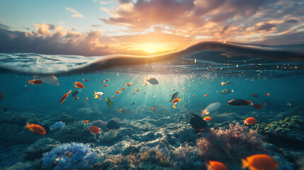 Obraz na płótnie Canvas Delphine und bunte Fische, Unterwasser in der goldenen Stunde
